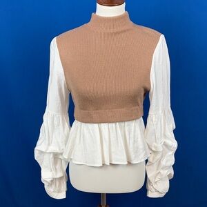 Anthropologie Tan Knit and White Blouse